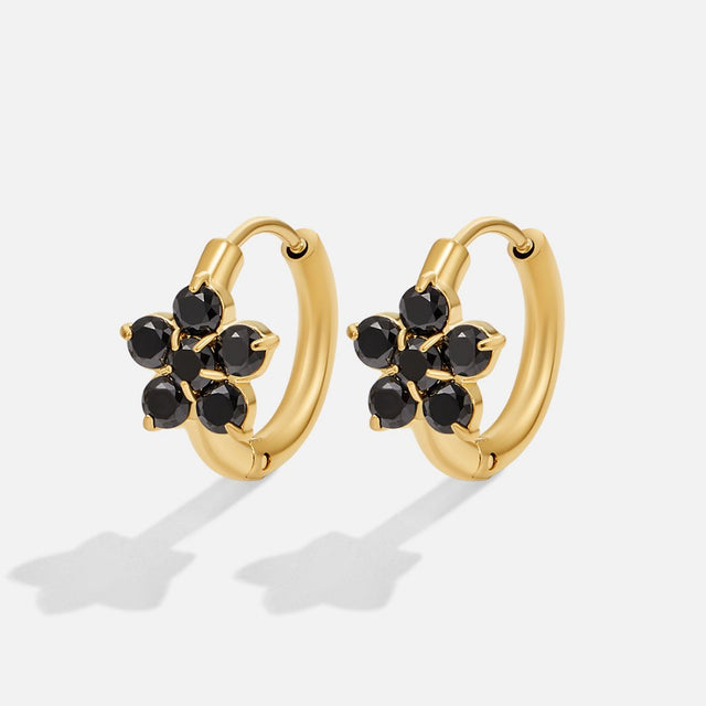 Brincos de Argola com Flor de Cristal Preto