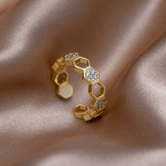 Anel Cristal Honeycomb Dourado